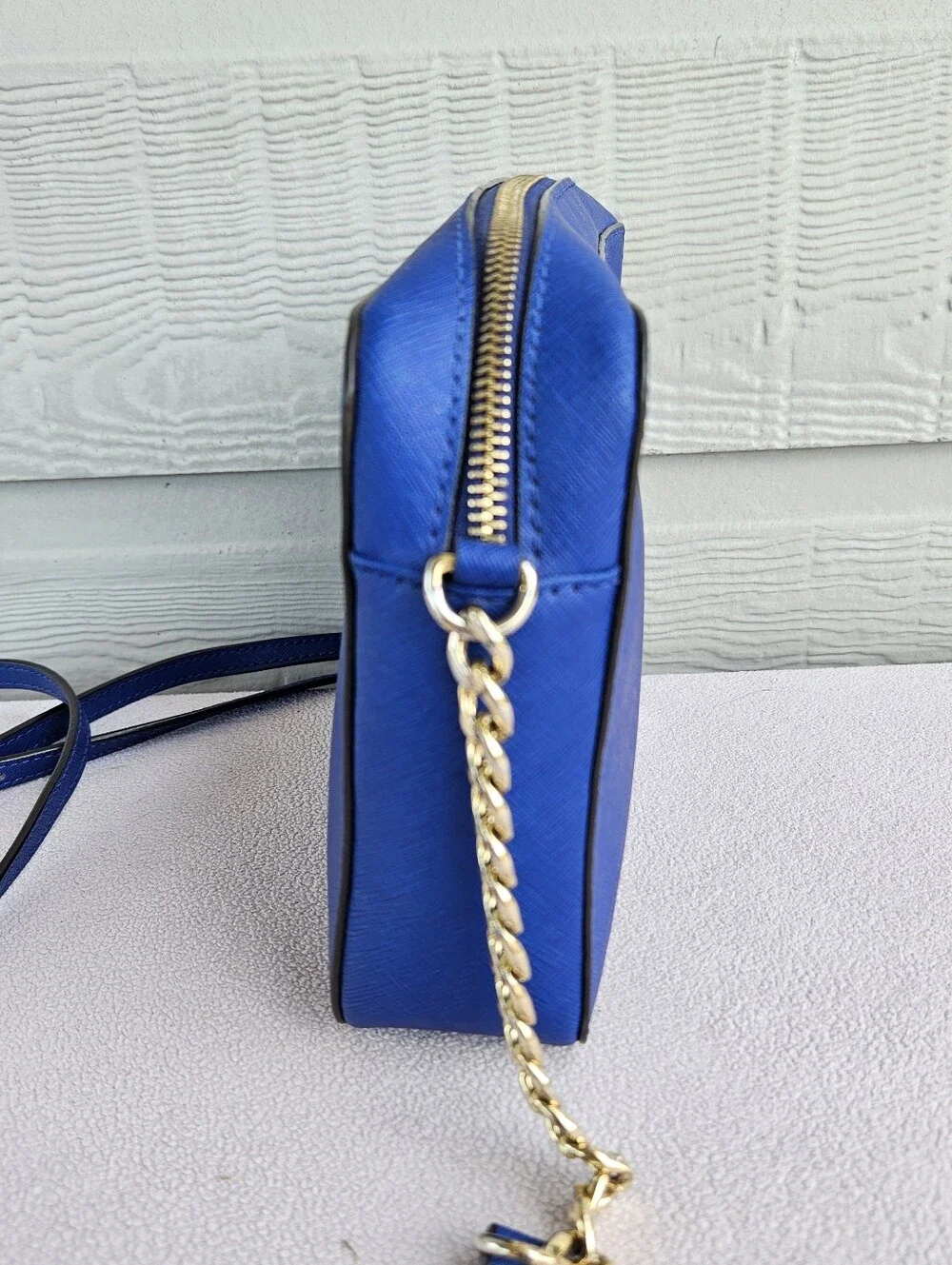 Michael Kors Jet Set Crossbody Purse Handbag Saffiano Leather Blue Chain Strap